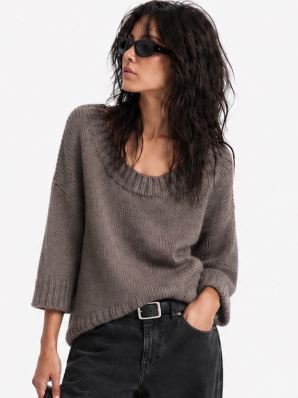 GAP TAUPE BROWN WIDE NECK BOXY 3/4 SLEEVE DROP SHOULDER SWEATER XL NWT